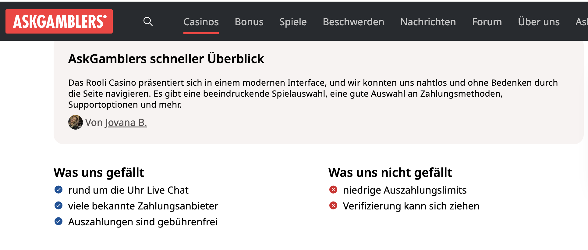 AskGamblers Bewertung von Rooli Casino mit Pro- und Contra-Liste