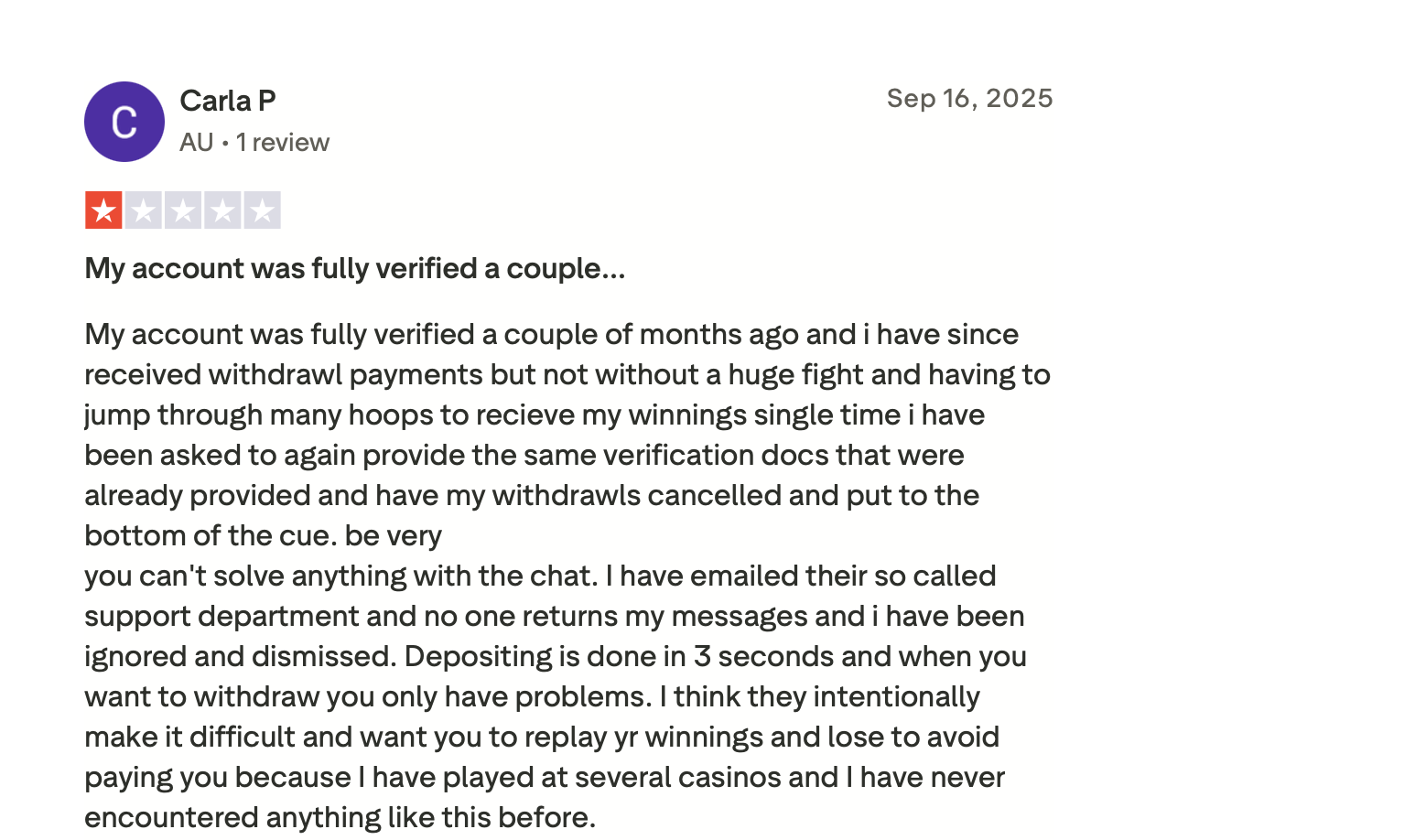 Trustpilot Bewertung mit 1 Stern über wiederholte Verifizierungsanforderungen bei Auszahlungen
