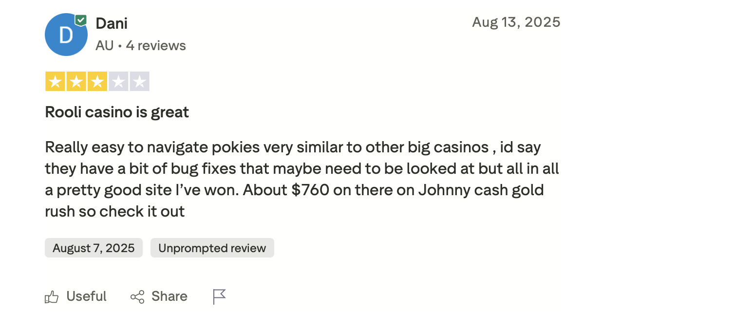Trustpilot Bewertung mit 3 Sternen über Navigation und einen Gewinn im Rooli Casino