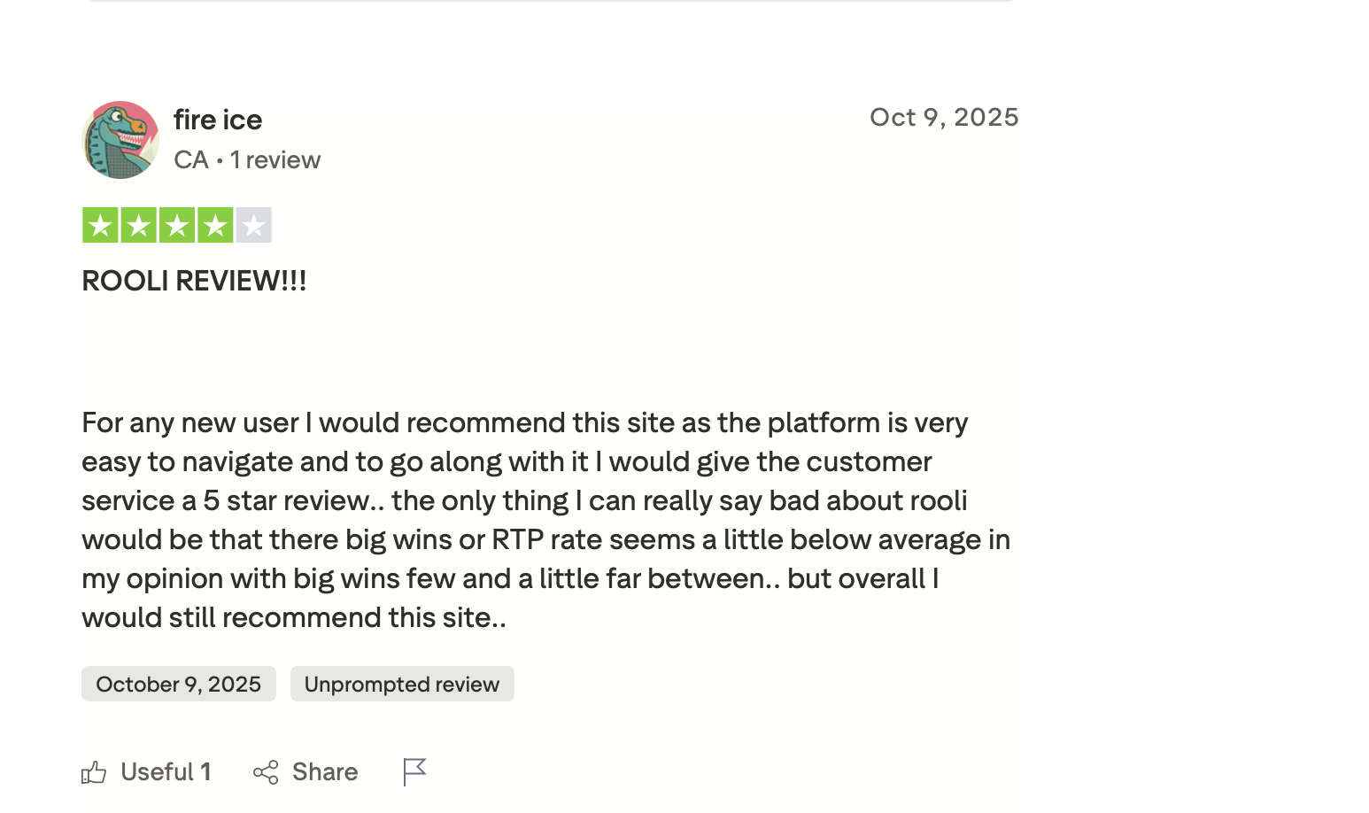 Trustpilot Bewertung mit 4 Sternen über Bedienung und Kundenservice im Rooli Casino