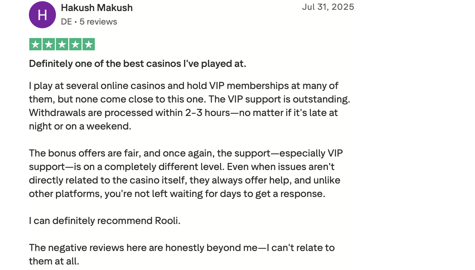 Trustpilot Bewertung mit 5 Sternen über schnelle VIP-Auszahlungen im Rooli Casino