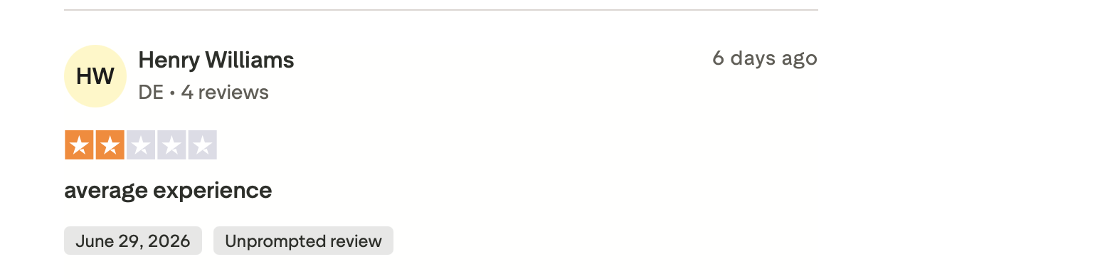 Trustpilot Bewertung mit 2 Sternen und dem Titel durchschnittliche Erfahrung