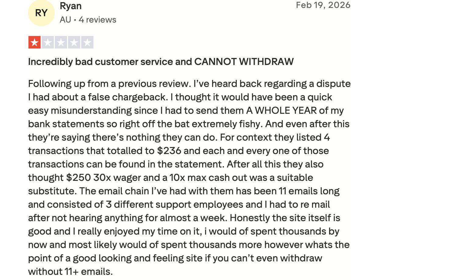 Trustpilot Bewertung mit 1 Stern über einen langwierigen Support-Disput bei einer Auszahlung