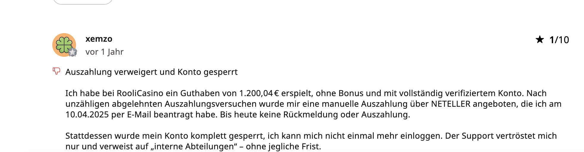 AskGamblers Bewertung 1 von 10 über eine verweigerte Auszahlung und Kontosperrung