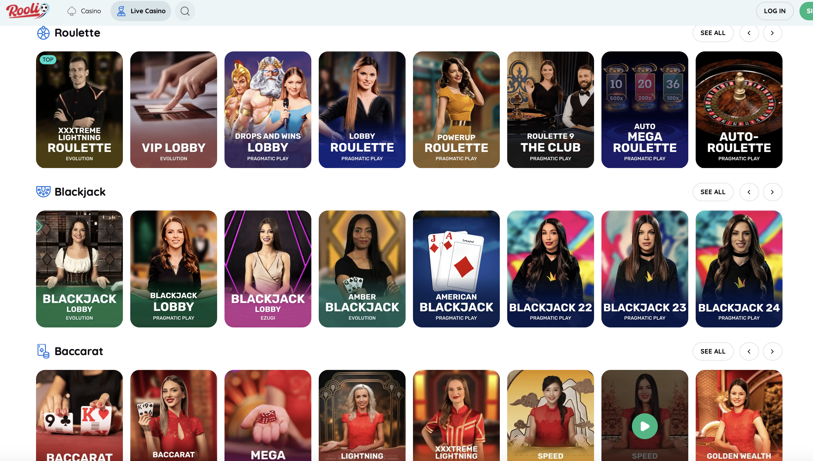 Rooli Casino Live Casino Rooli Casino Live Casino mit Tischen von Evolution, Pragmatic Play, Ezugi und ImagineLive