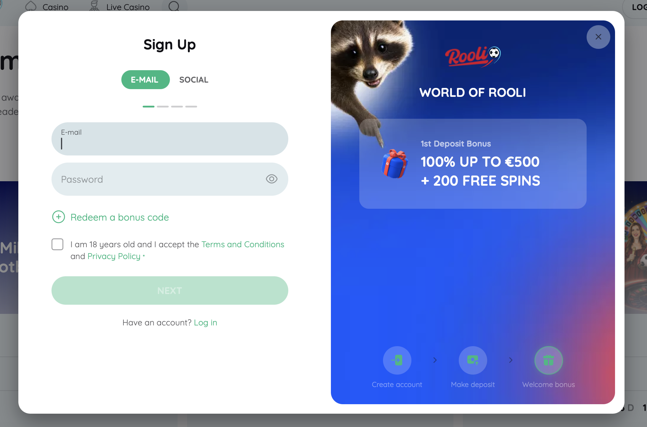 Rooli Casino Registrierung und Login Rooli Casino Registrierung mit E-Mail oder Google und Bonuscode-Feld im Anmeldefenster